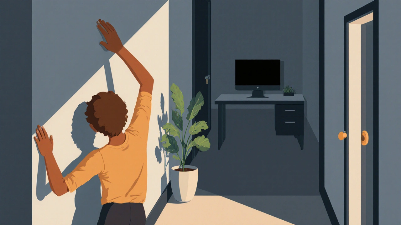 Osoba rozciąga się przy ścianie w korytarzu, ciepłe światło, w tle wyłączony ekran.