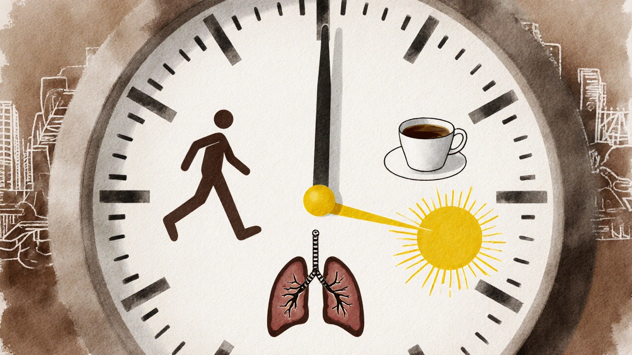 Symboliczna godzina z ruchem, oddechem i światłem, w stylu akwareli, bez tekstu.